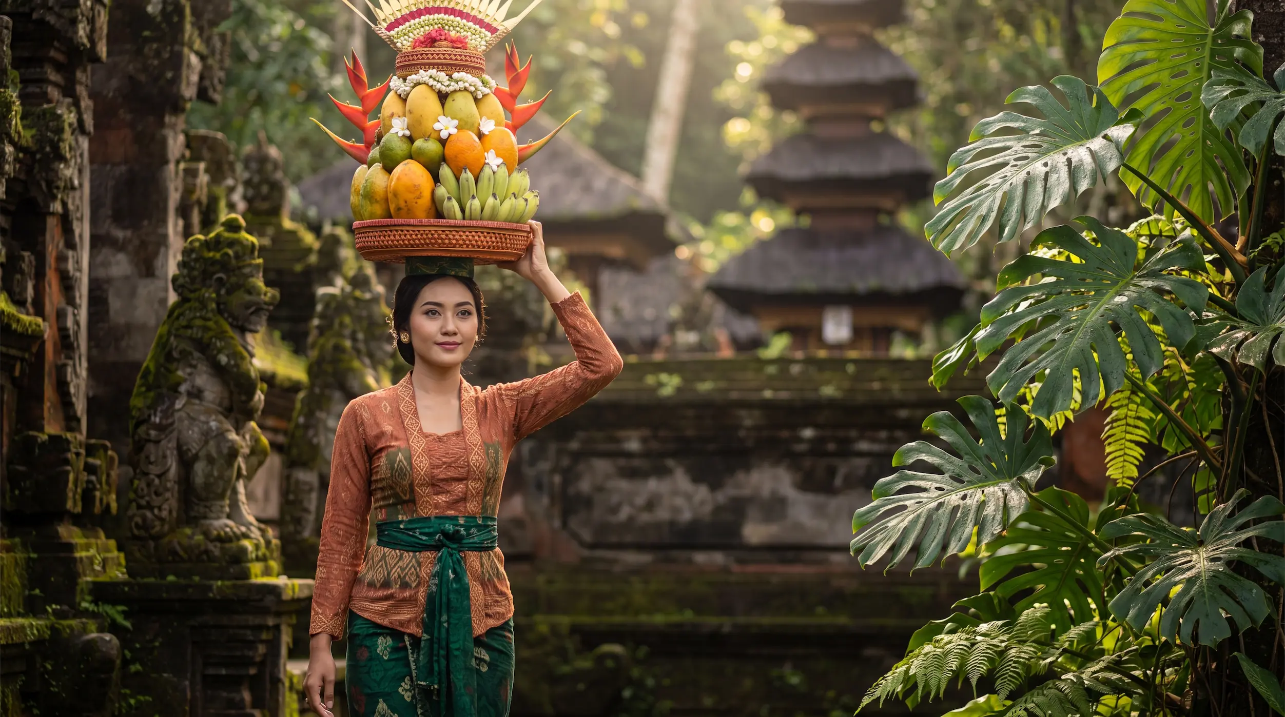 Viajar a Bali: una mujer balinesa lleva una ofrenda de frutas entre templos y selva