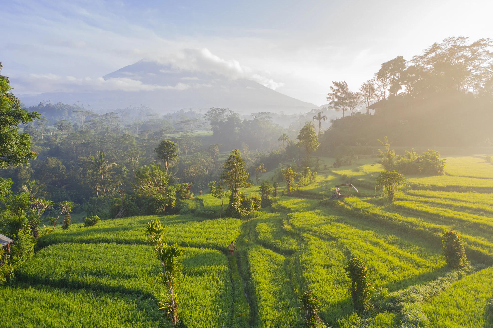 Amanecer sobre los arrozales de Sidemen con el volcán Agung entre la bruma