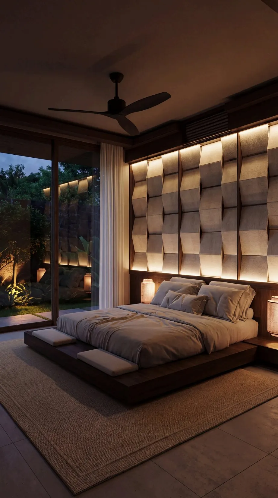 Dormitorio con cama king size y cabecero iluminado