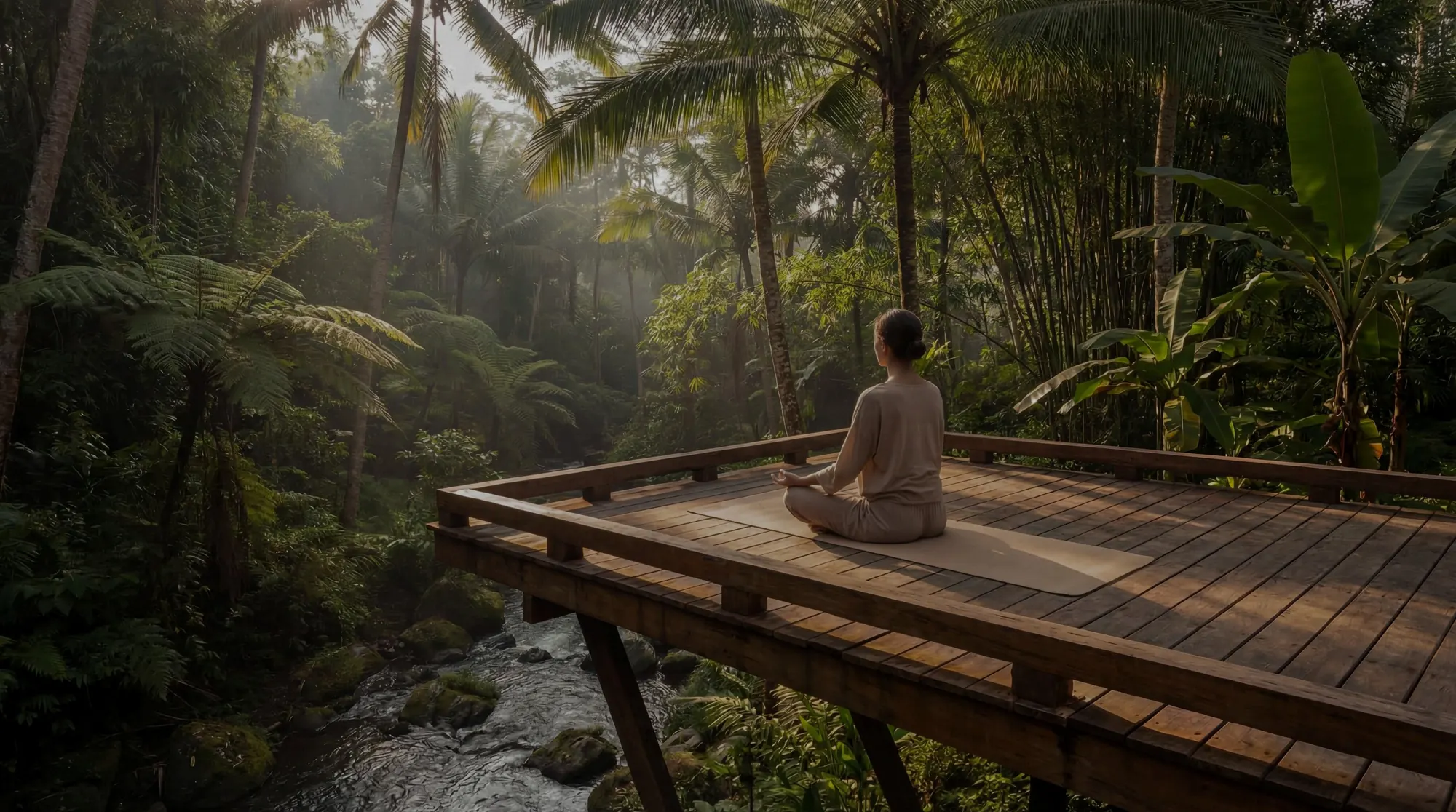 Persona meditando en una terraza de madera suspendida sobre el río, en la selva de Bali